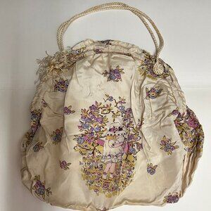 Antique lovely satin (possible silk) purse bag with doll design print - no label